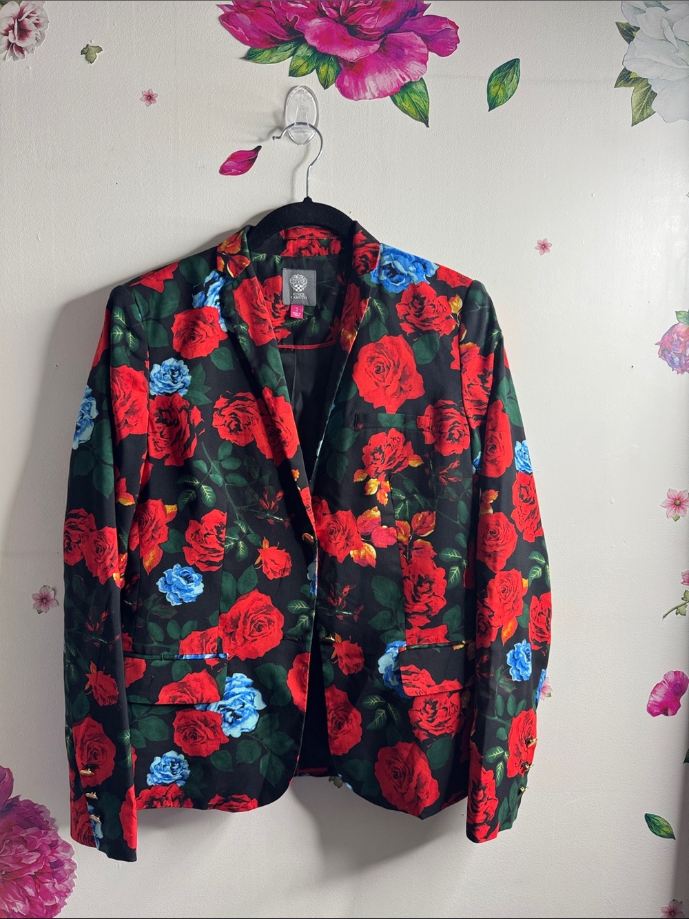 Vince Camuto Black Blazer with Red & Blue Rose Print